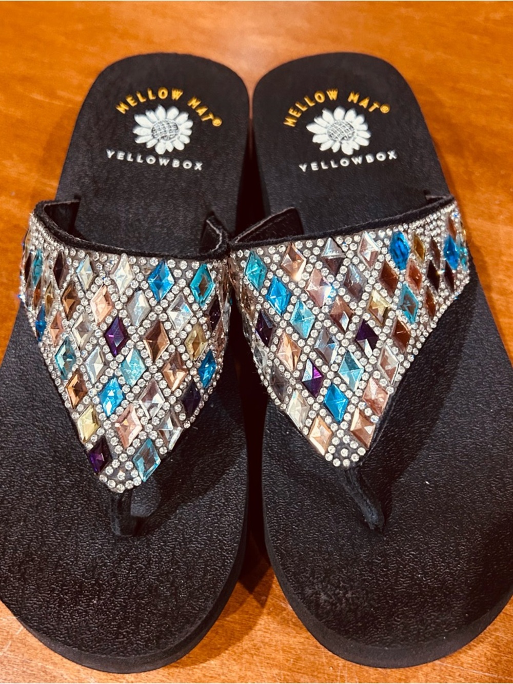 Yellow Box Black Thong Sandals with Multicolor Gem Mosaic
